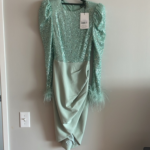 Lavish Alice Sequin Feather Embellished Belted Bodycon Dress in Sage - Picture 4 of 9